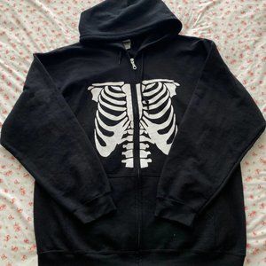 White Ribcage On Black Zip Up Hoodie, Tagged Mens Size XL, Cyber Y2K Grunge Punk